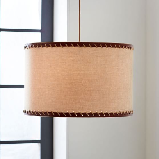 Linen And Leather Trim Drum Shade Pendant | PBteen